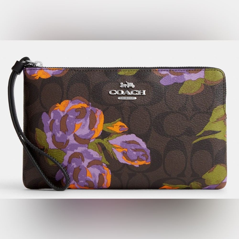 Coach Corner Zip Wristlet In Signature Canvas With Purple￼ Rose Print LG New